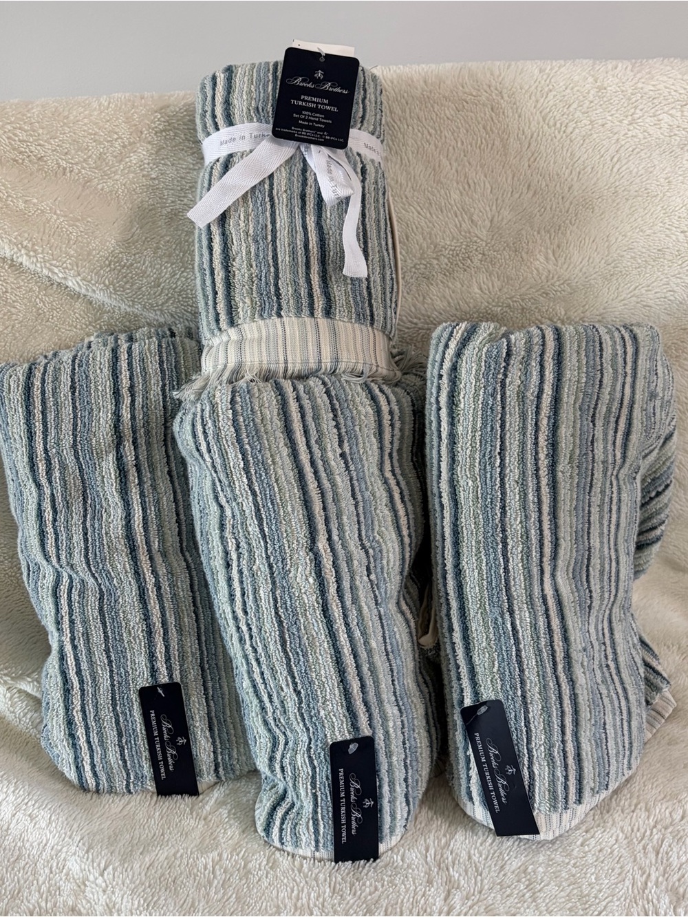 NWT Brooks Brothers Premium Turkish Aqua Green Striped Bath Towels Set of 3 - Picture 6 of 6